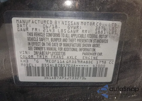 2018 Nissan Sentra S z USA, uszkodzony, nr VIN 3N1AB7AP1JY332736